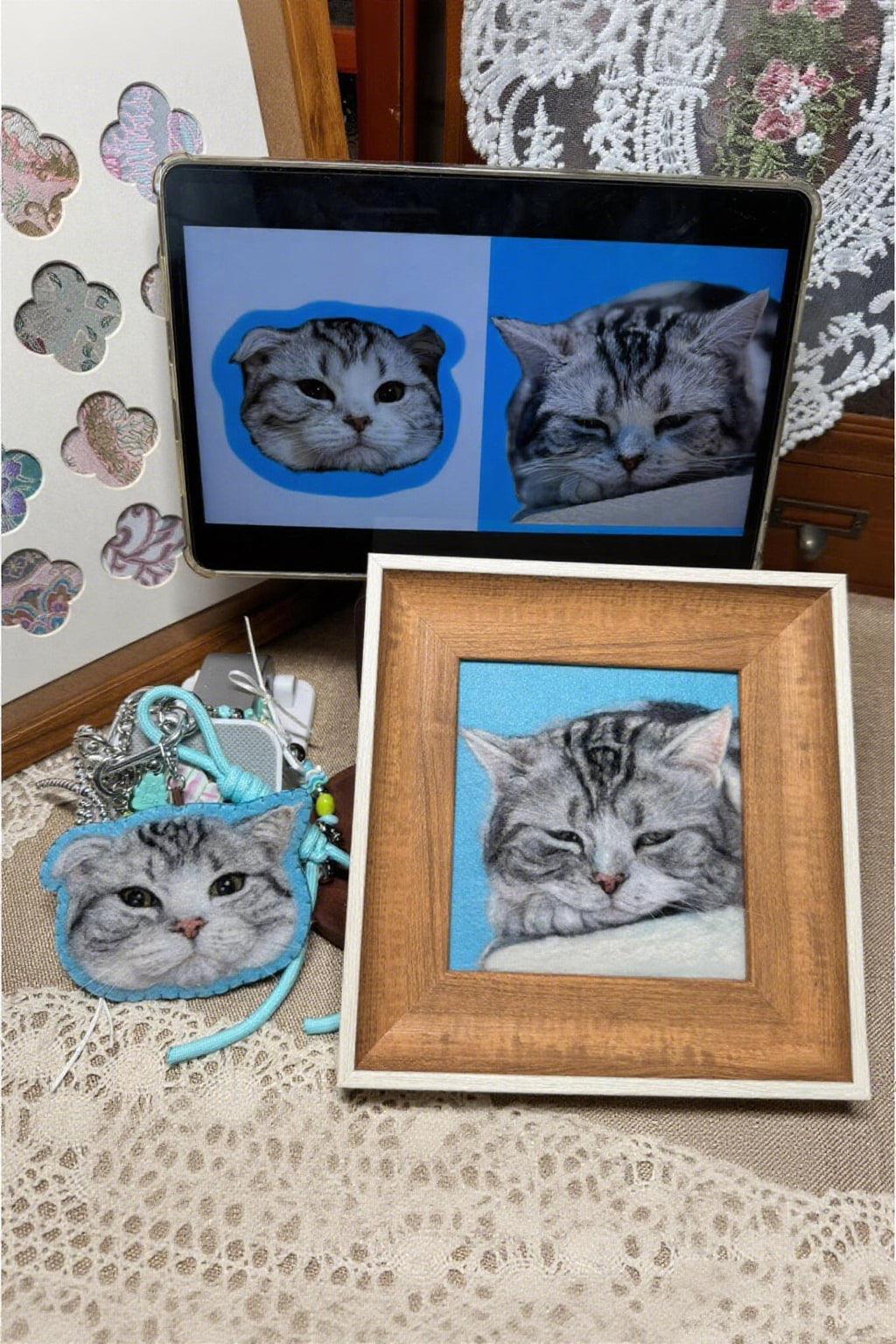 Custom Cat Portrait Keychain | Handmade Wool Felt Pet Portrait | Personalized Memorial Gift